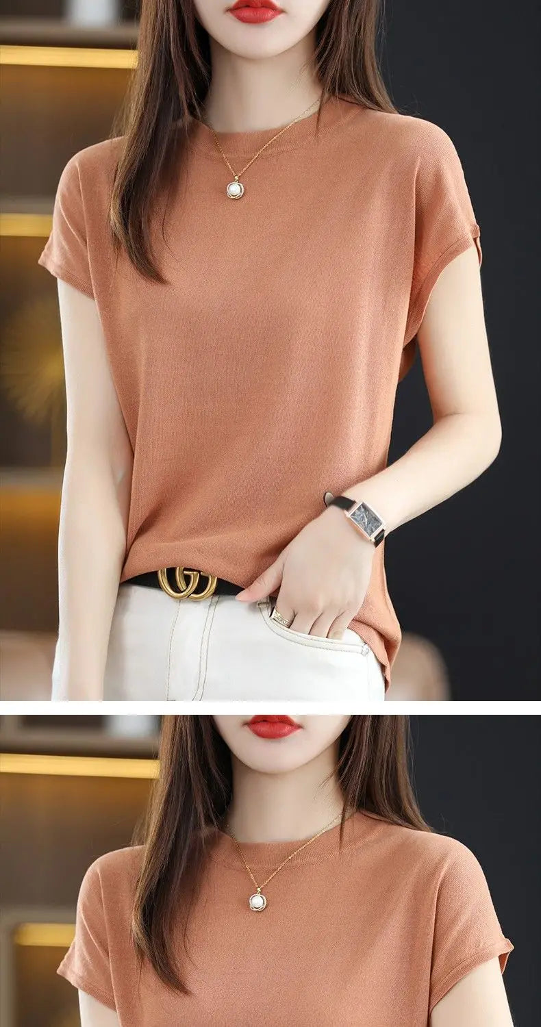 Fashion Solid Color Knitted Loose Korean T-Shirt Women's Clothing 2023 Spring New Casual Pullovers All-match Tee Shirt