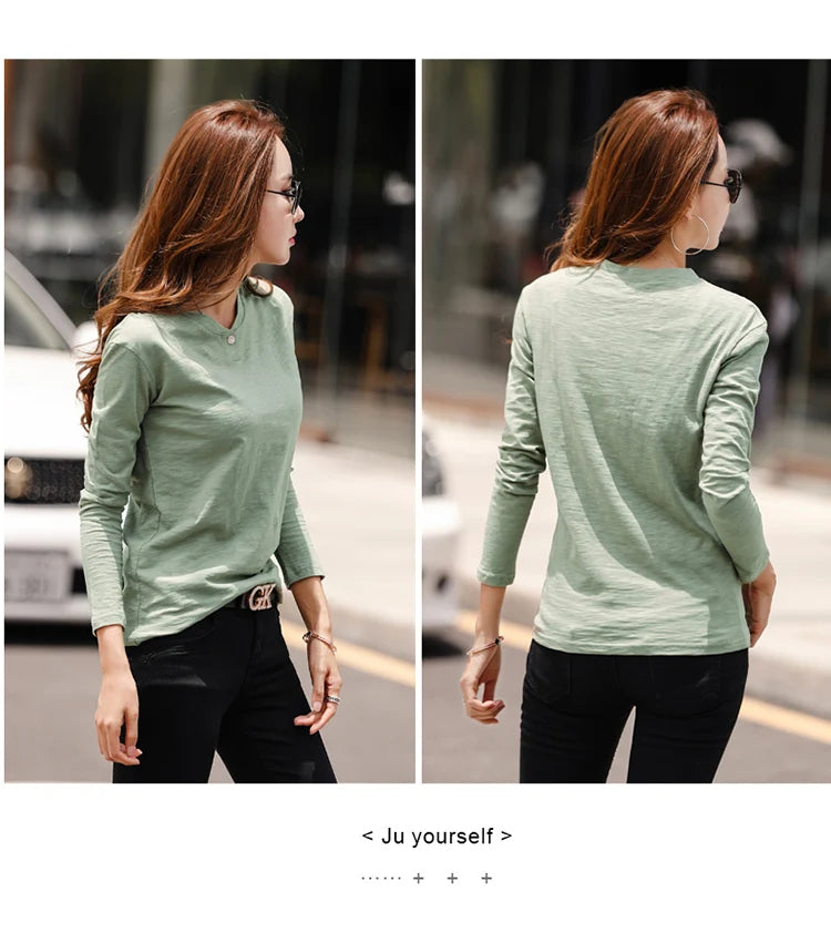 2024 Long Sleeve Spring Women Slub Cotton T Shirts Female Button Green V-Neck Solid Color T-shirt Coffee Korean Soft Loose Tops
