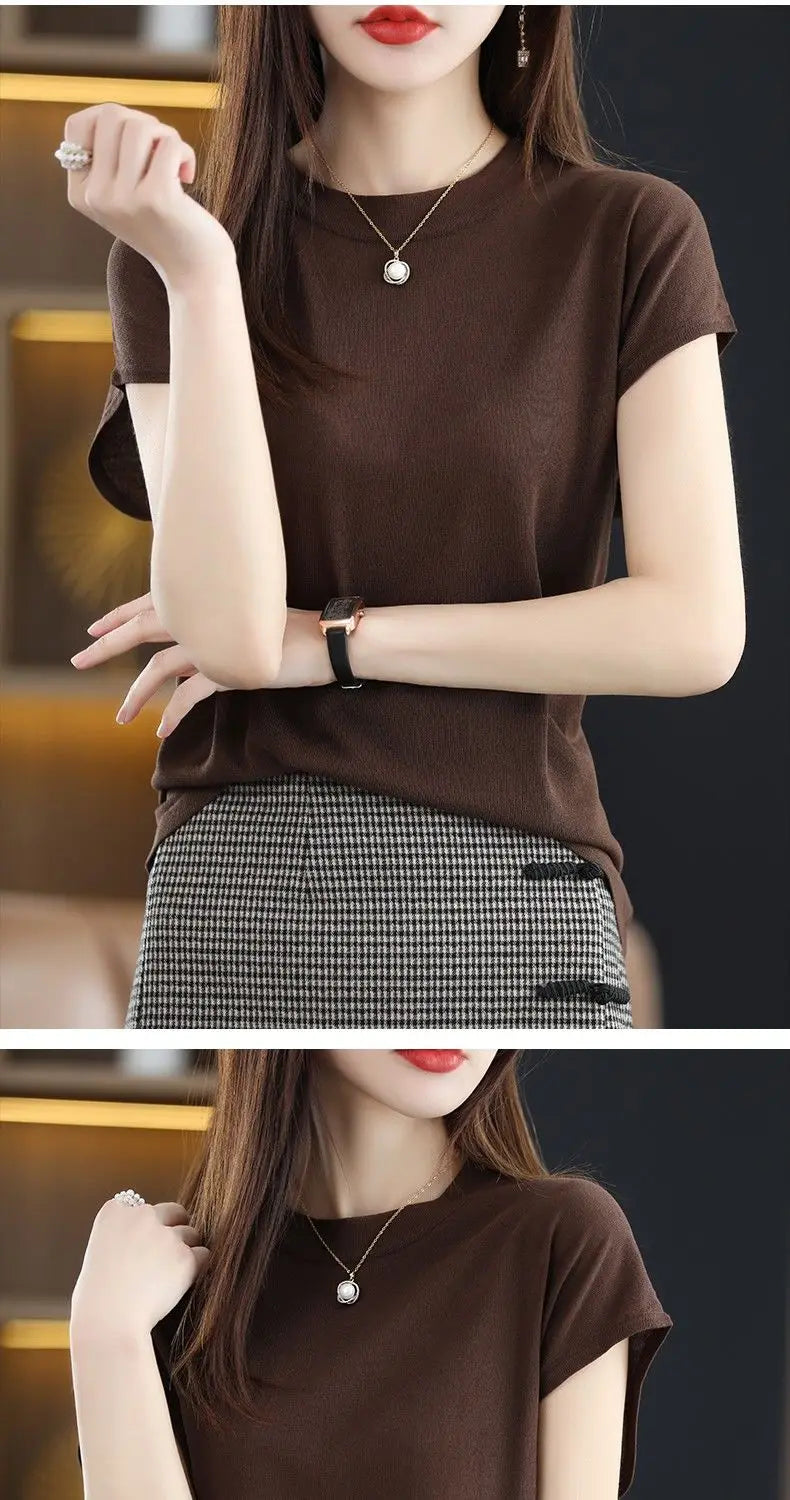 Fashion Solid Color Knitted Loose Korean T-Shirt Women's Clothing 2023 Spring New Casual Pullovers All-match Tee Shirt