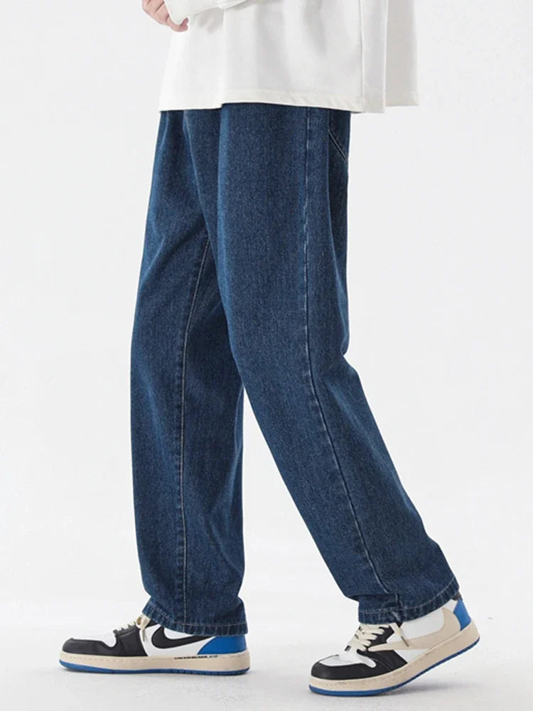 New Korean Fashion Men's Casual Ankle-Length Jeans Classic Man Straight Denim Wide-leg Pants Light Blue Grey Black 3XL