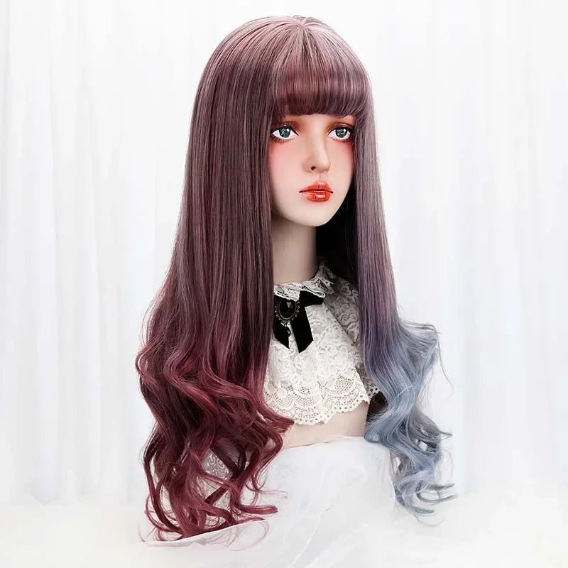 28''Synthetic Long Wavy Lolita Wigs With Bangs Purple Blue Ombre Custom Party Cosplay Wigs For Black/White Women Heat Resistant