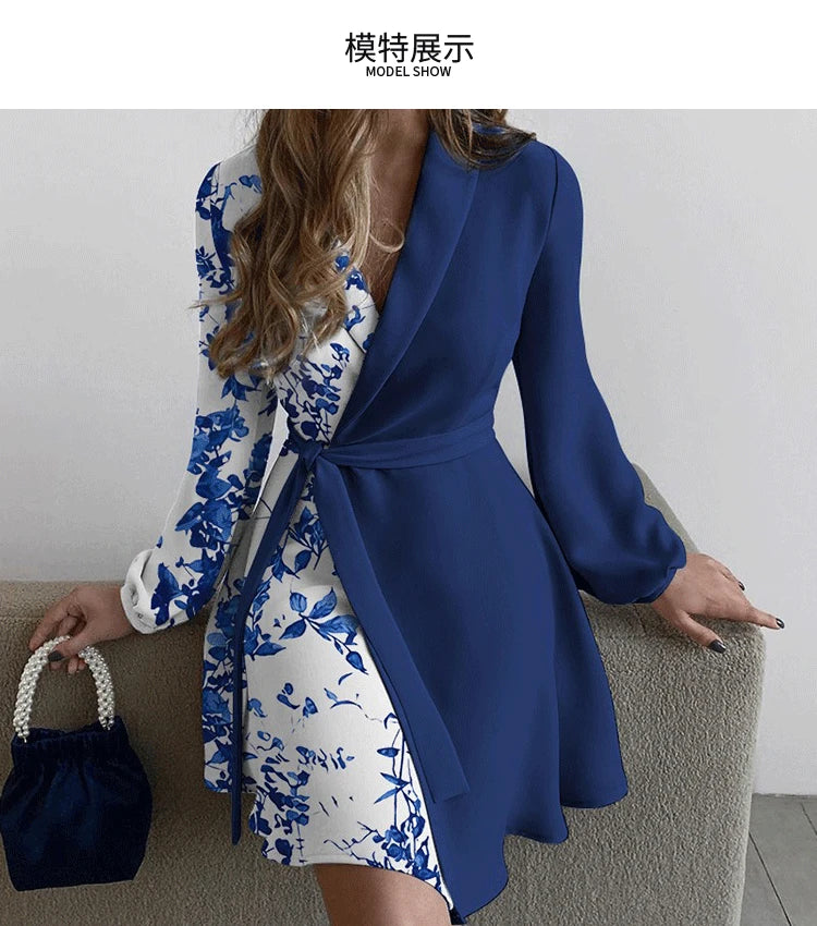 Women Summer Style One-piece Color Blocked Lace Up Dress With V-neck Long Sleeved High Waisted Lace Up Retro Floral Short Skirt