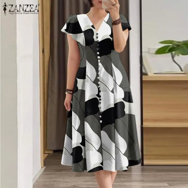 ZANZEA Summer Fashion Printed Dress Woman Short Sleeve V-Neck Robe Casual Holiday Sundress Female Elegant Slim Vestidos 2024