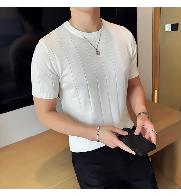 2024 New High Quality, Business Casual Men's Short-Sleeved O-neck Sweater, Daily Slim Fit T-shirt, Stretchable Striped Top M-3XL