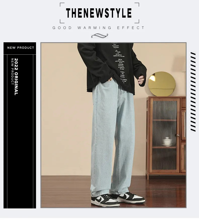 New Korean Fashion Men's Casual Ankle-Length Jeans Classic Man Straight Denim Wide-leg Pants Light Blue Grey Black 3XL