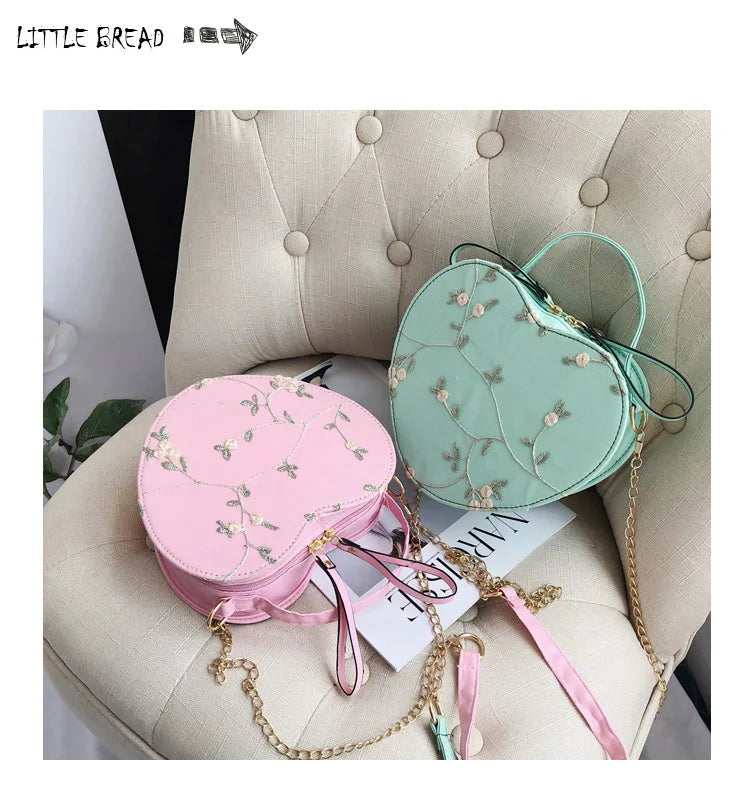 Female Sweet Lace Heart Round Handbags High Quality PU Leather Cross Body Bags for Women Small Fresh Flower Chain Shoulder Bags