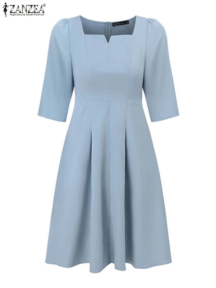 ZANZEA Fashion Summer Dress Women Half Sleeve Square Collar Sundress Elegant Party Vestido Casual Solid OL Work Dresses Robe