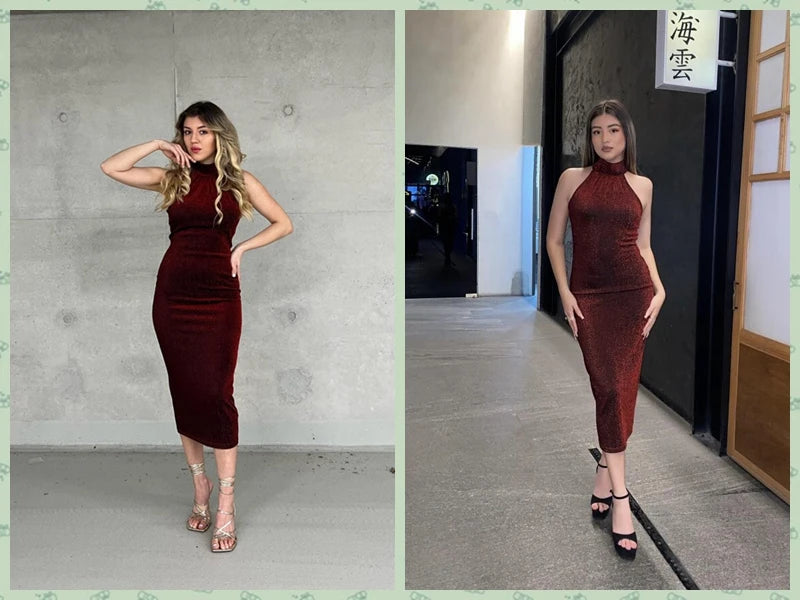 Women Sexy Slim Mini Dress Halter High Neck Sleeveless Glitter Bodycon Dress Evening Party