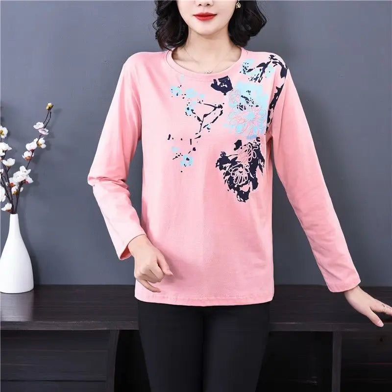 Spring Autumn New Fashion Pure Cotton T-Shirts Women's Clothing Printing Round Neck Long Sleeve Tees Loose Simplicity Thin Tops