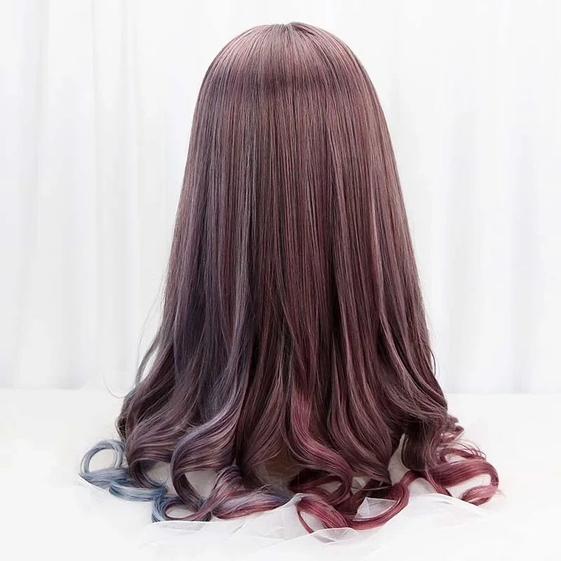 28''Synthetic Long Wavy Lolita Wigs With Bangs Purple Blue Ombre Custom Party Cosplay Wigs For Black/White Women Heat Resistant
