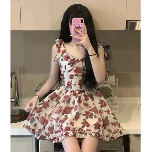 Summer New French Vintage Floral Halter Dress V-neck Sleeveless A-line Cute Short Dress Birthday Party Dress Camisole Dresses