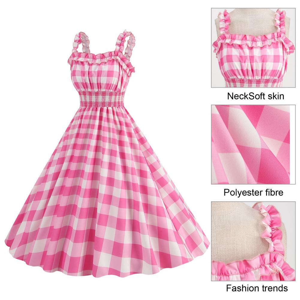Women Vintage Barbiee Pink Plaid Dress Retro Rockabilly Strap Suspenders Cocktail Party 1950s 40s Swing Dress Summer Dresses