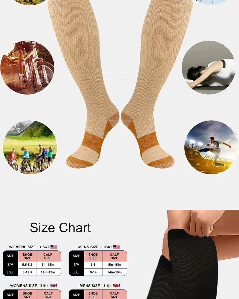 Long tube socks solid color sports pressure socks elastic socks  copper compression socks on the soles outdoor cycling socks