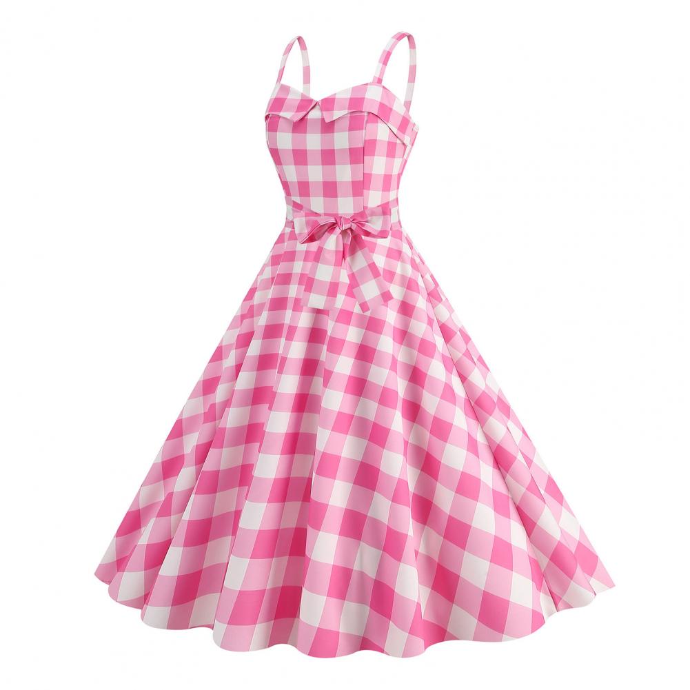 Women Vintage Barbiee Pink Plaid Dress Retro Rockabilly Strap Suspenders Cocktail Party 1950s 40s Swing Dress Summer Dresses