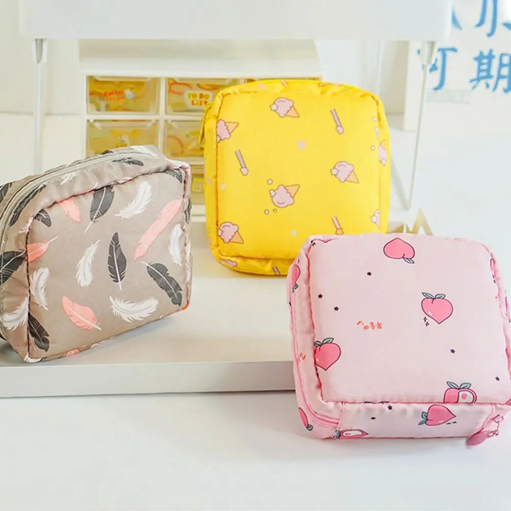 Tamper-Proof Sanitary Pad Tissue Bags Cartoon Change Coin Clip Towel Napkin Credit Card Holder Makeup Organizer Headphone Case
