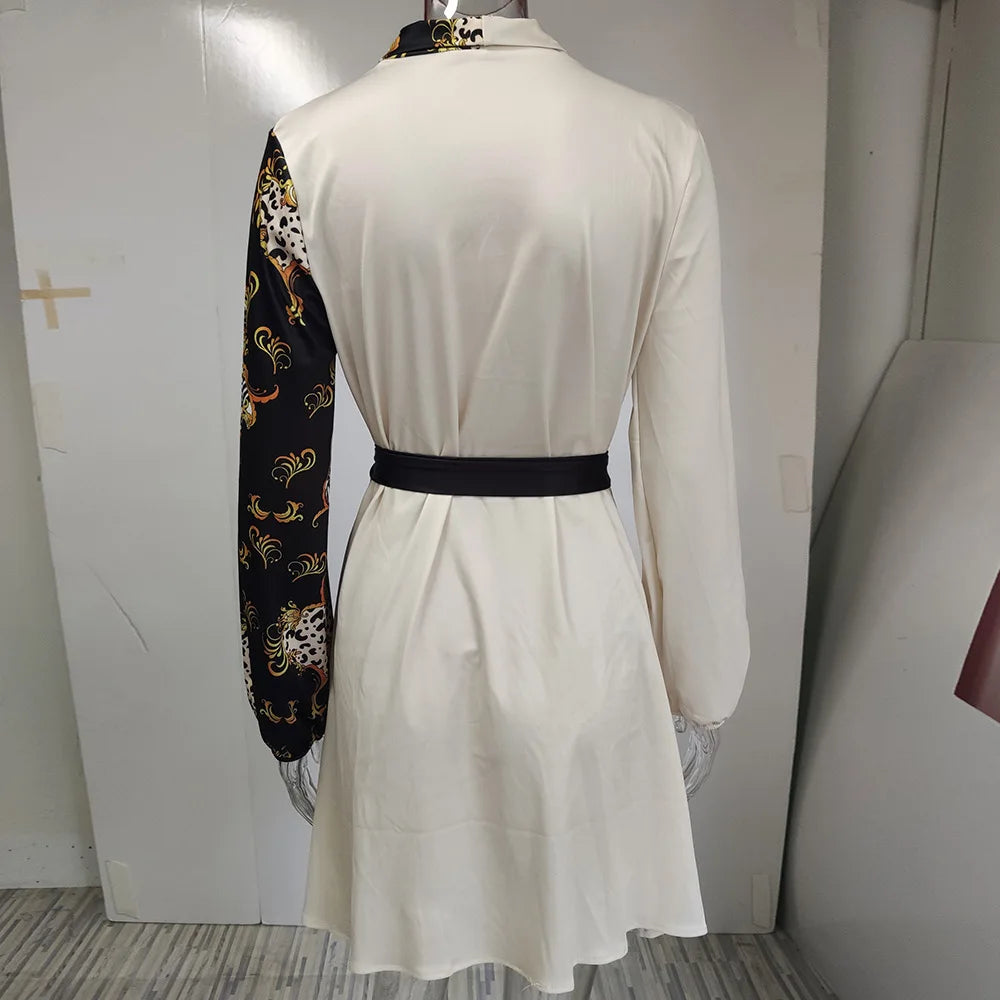 Women Summer Style One-piece Color Blocked Lace Up Dress With V-neck Long Sleeved High Waisted Lace Up Retro Floral Short Skirt