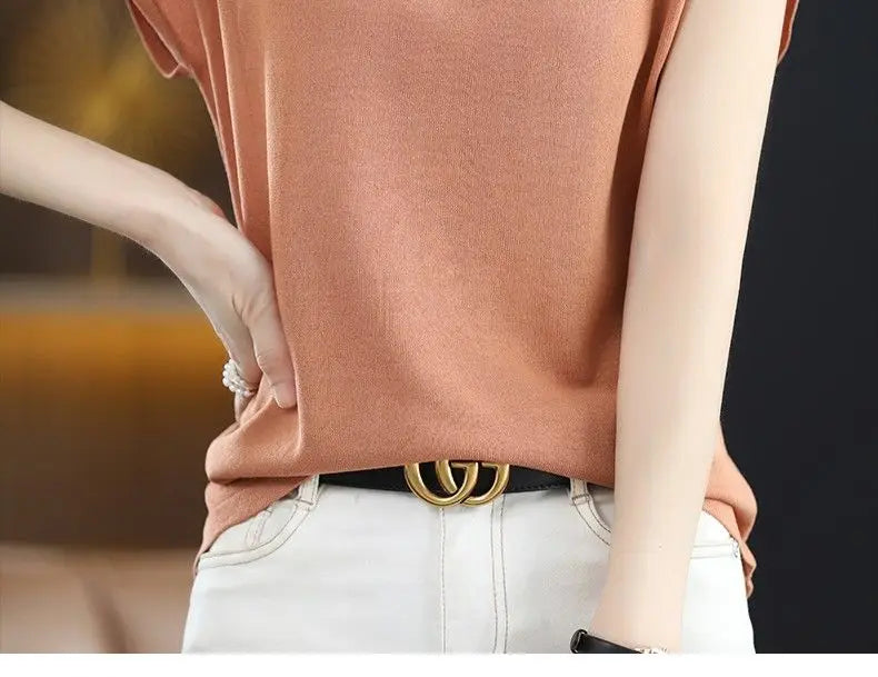 Fashion Solid Color Knitted Loose Korean T-Shirt Women's Clothing 2023 Spring New Casual Pullovers All-match Tee Shirt