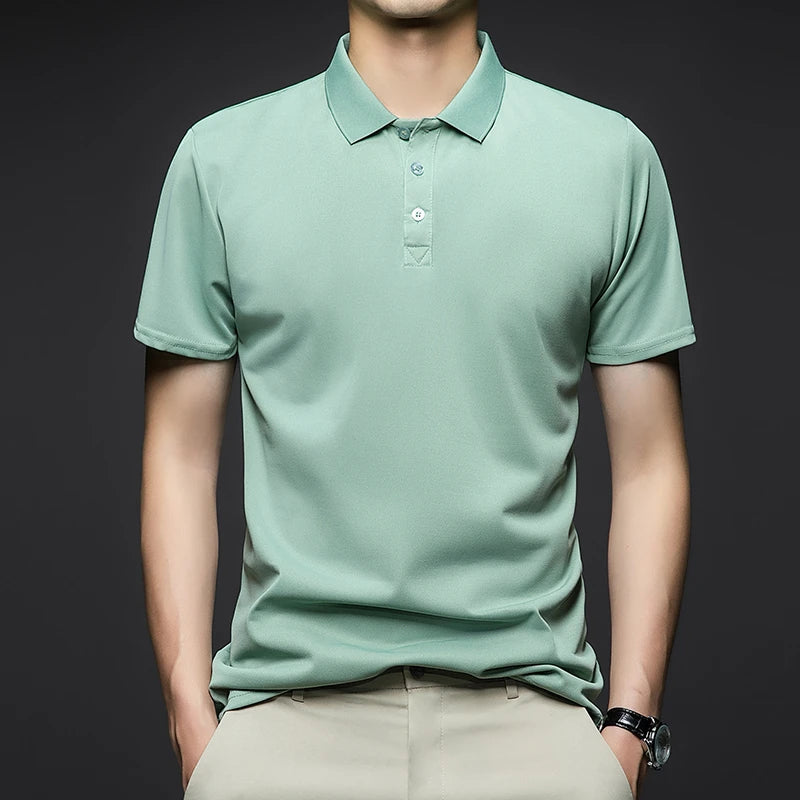 Men's Fashion Solid Short Sleeved Striped Lapel Polo Shirt Summer Breathable Comfortable Top