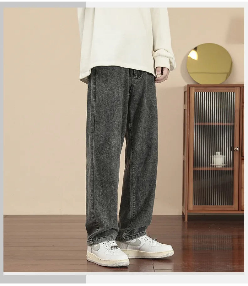 New Korean Fashion Men's Casual Ankle-Length Jeans Classic Man Straight Denim Wide-leg Pants Light Blue Grey Black 3XL