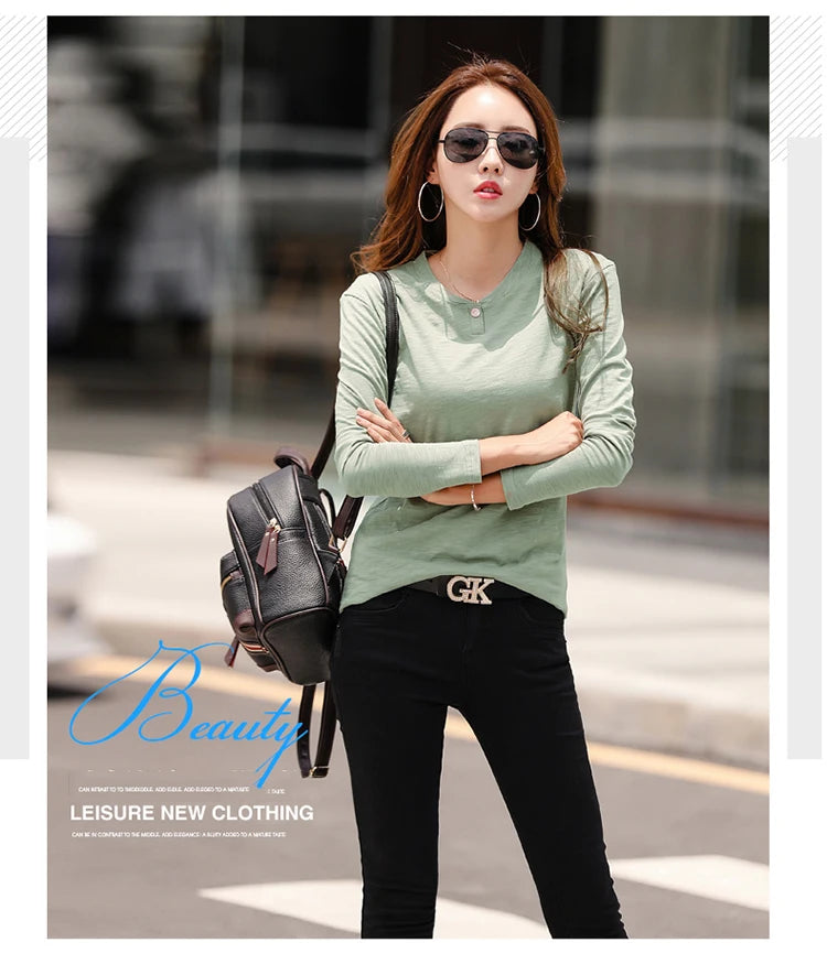 2024 Long Sleeve Spring Women Slub Cotton T Shirts Female Button Green V-Neck Solid Color T-shirt Coffee Korean Soft Loose Tops