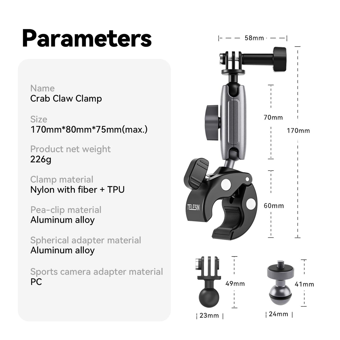 TELESIN Cycling Motorcycle Clip Magic Arm 360° Aluminum Alloy Super Clamp 1/4" Hole For Camera GoPro Mobile Phone Action Camera