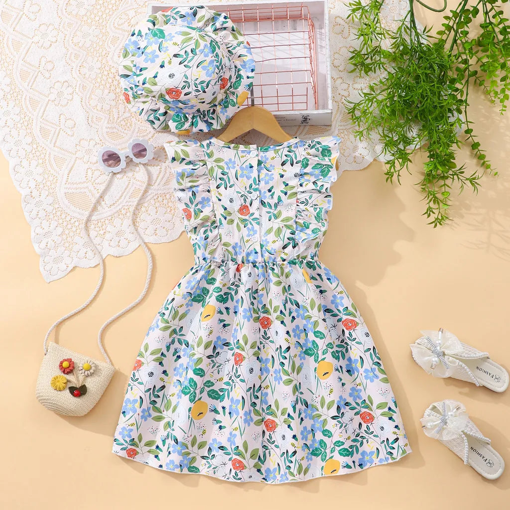 Kids Girls Clothes Summer Short Sleeve 2 Pcs Set Girls Dress Korean Fashion Casual Floral Birthday Children Dress 3 4 5 6 7 Year
