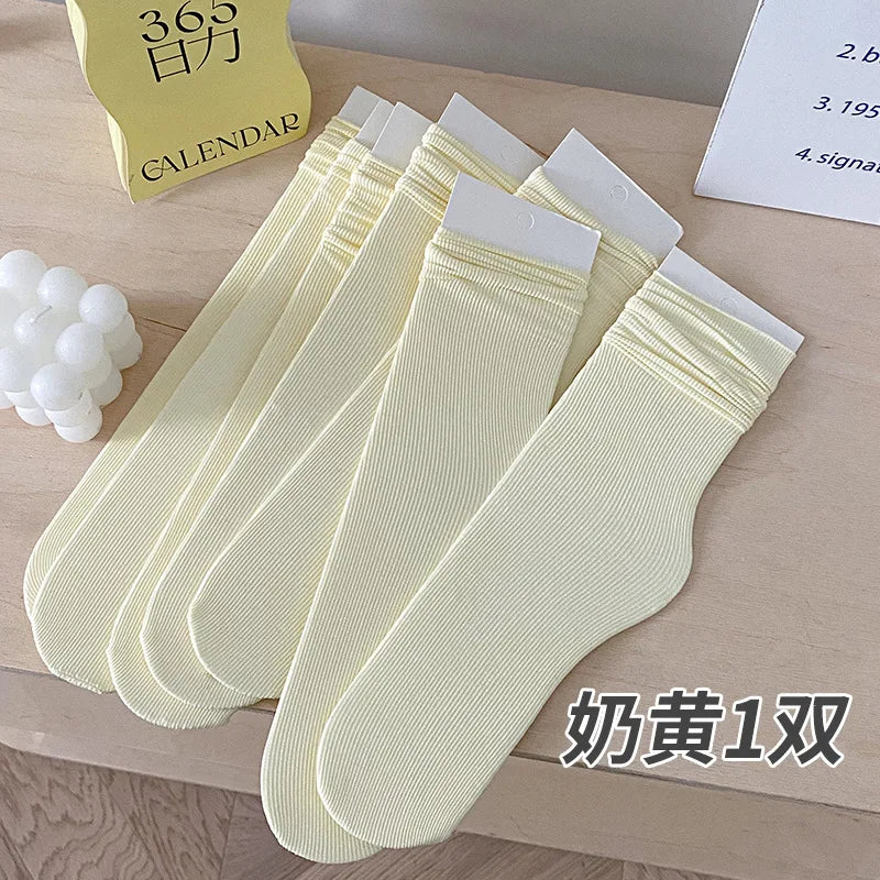 INS Women Girls Summer Thin Long Socks Ice Velvet Soft Breathable Pile of Socks Solid Black White Beige Harajuku High Tube Socks
