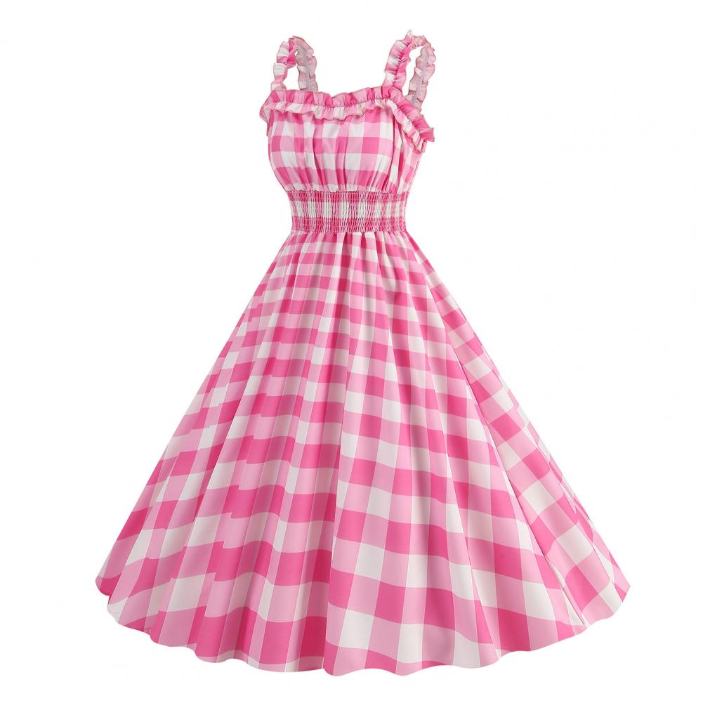 Women Vintage Barbiee Pink Plaid Dress Retro Rockabilly Strap Suspenders Cocktail Party 1950s 40s Swing Dress Summer Dresses