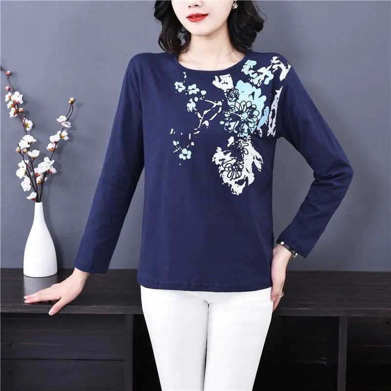 Spring Autumn New Fashion Pure Cotton T-Shirts Women's Clothing Printing Round Neck Long Sleeve Tees Loose Simplicity Thin Tops