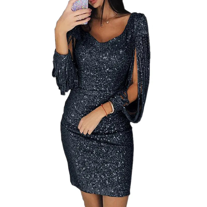 Women's Sparkly Sequin Short Evening Dress, V Neck, Chic Tassel, Long Sleeve, Solid Silver, Female, Wedding, Sexy, Fashion