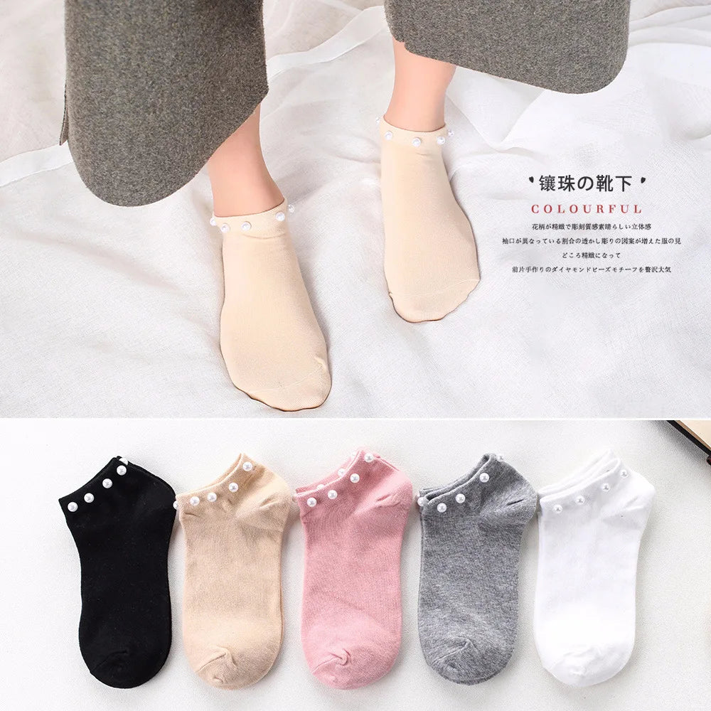 Women Socks Cotton Lovely Candy Color Imitation Pearl Women's Socks.Casual Ladies Girl's Short Female Socks Sox Hosiery