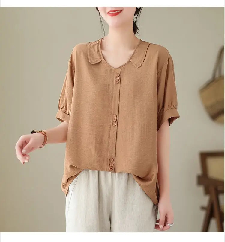 Women Summer Simplicity Loose Large Size Elegant Cotton and Linen Short Sleeve T-Shirt Women Clothes Casual Appear Thin Top Tee