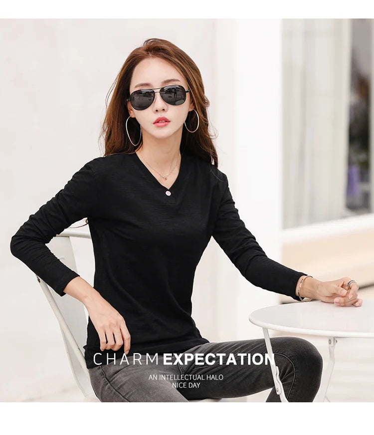 2024 Long Sleeve Spring Women Slub Cotton T Shirts Female Button Green V-Neck Solid Color T-shirt Coffee Korean Soft Loose Tops