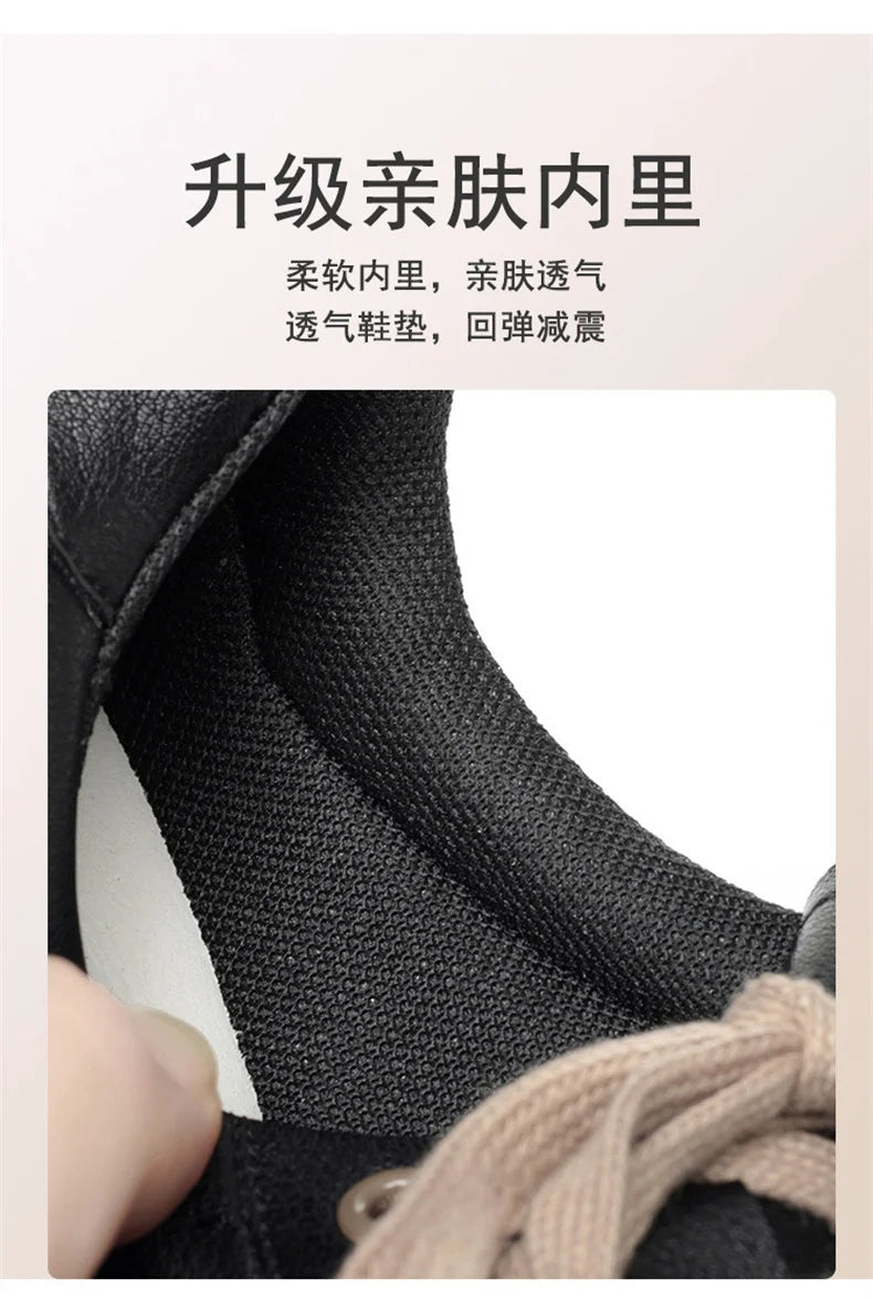 2024 Spring Non-slip Soft Leather Sneaker Trekking Footwear New Women's Thick-soled Lace-up Leisure Skateboard Sports Shoes