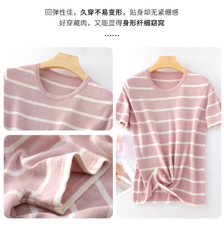 RONGYI Spring And Summer 100% Cotton Women's O-Neck Pullover Short Sleeve T-Shirt Striped Knitting Fashion Casual Spacious Top