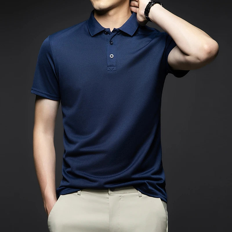 Men's Fashion Solid Short Sleeved Striped Lapel Polo Shirt Summer Breathable Comfortable Top