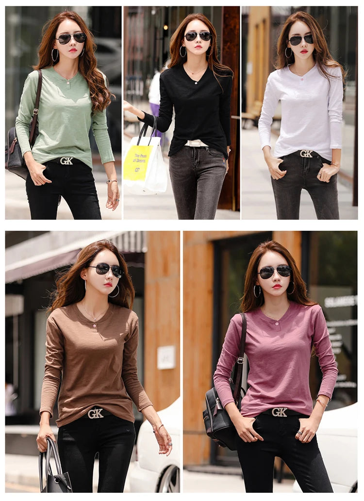 2024 Long Sleeve Spring Women Slub Cotton T Shirts Female Button Green V-Neck Solid Color T-shirt Coffee Korean Soft Loose Tops