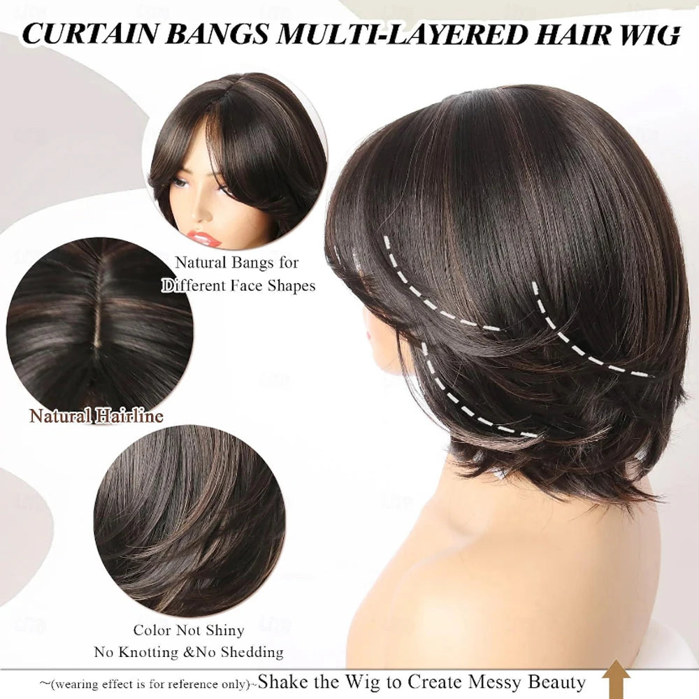 HAIRJOY Synthetic Hair Short Layered Wigs With Curtain Bangs Brown BOB Layered Wigs for Women  Pixie Cut Layered Wigs