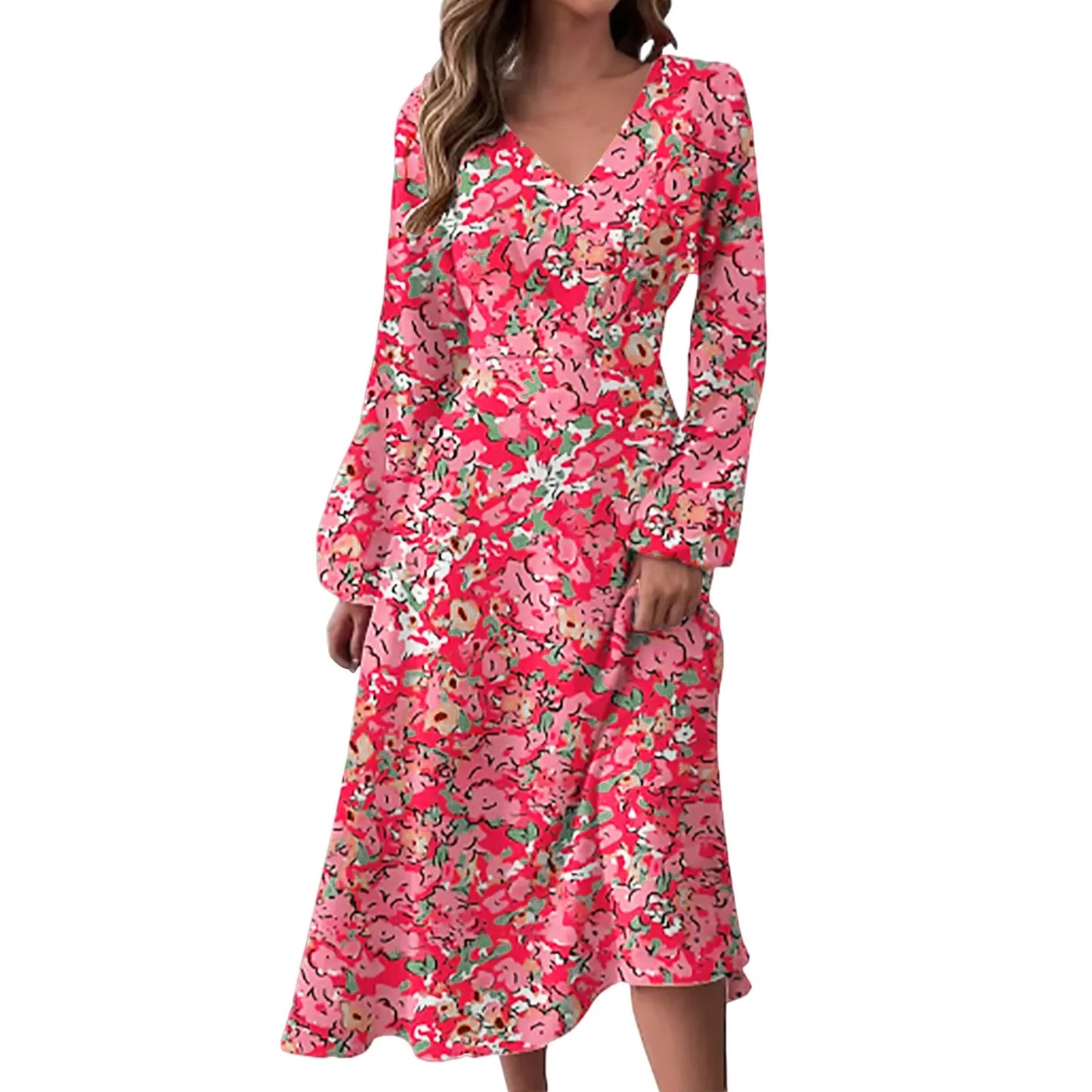 Women Print Dress Long Sleeve V Neck Casual Elegant Retro Fashion Slim Casual Ladies Spring Autumn Dresses Vestidos Clothing