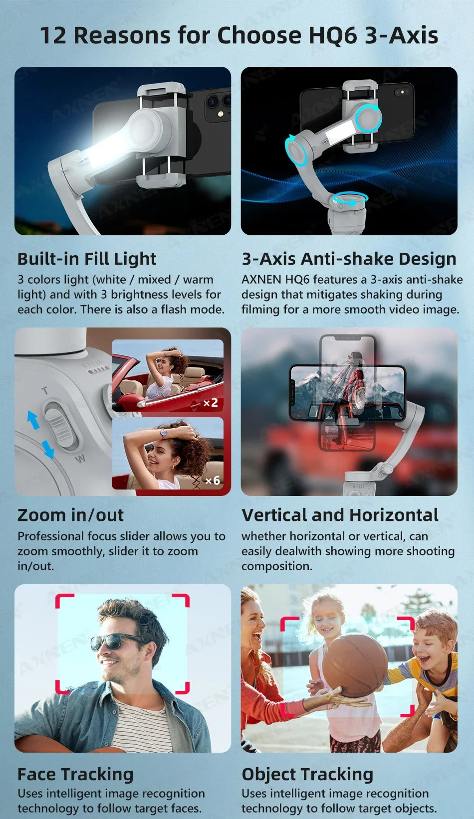Handheld 3-Axis Smartphone Gimbal Stabilizer with Anti-Shake, Built-in Fill Light, Ideal for iPhone Android Vlogging and Tiktok
