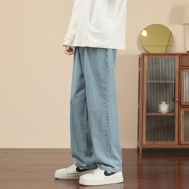 New Korean Fashion Men's Casual Ankle-Length Jeans Classic Man Straight Denim Wide-leg Pants Light Blue Grey Black 3XL