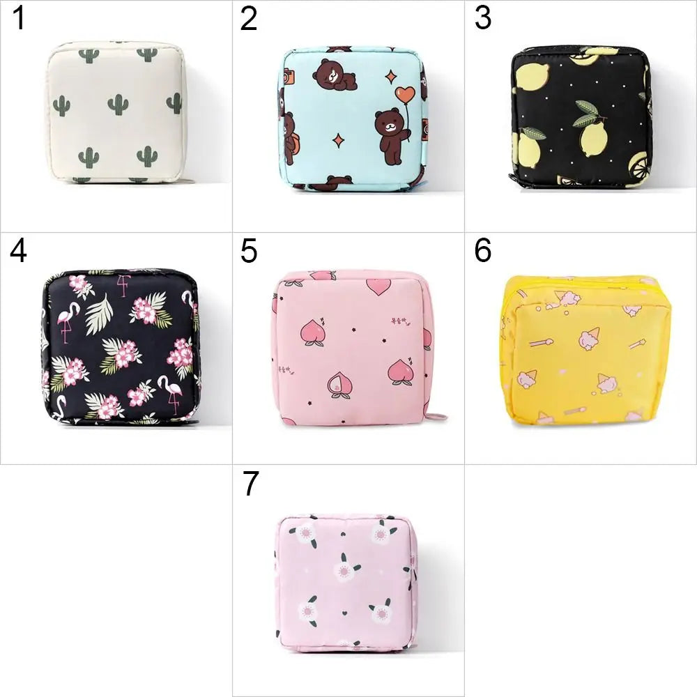 Tamper-Proof Sanitary Pad Tissue Bags Cartoon Change Coin Clip Towel Napkin Credit Card Holder Makeup Organizer Headphone Case