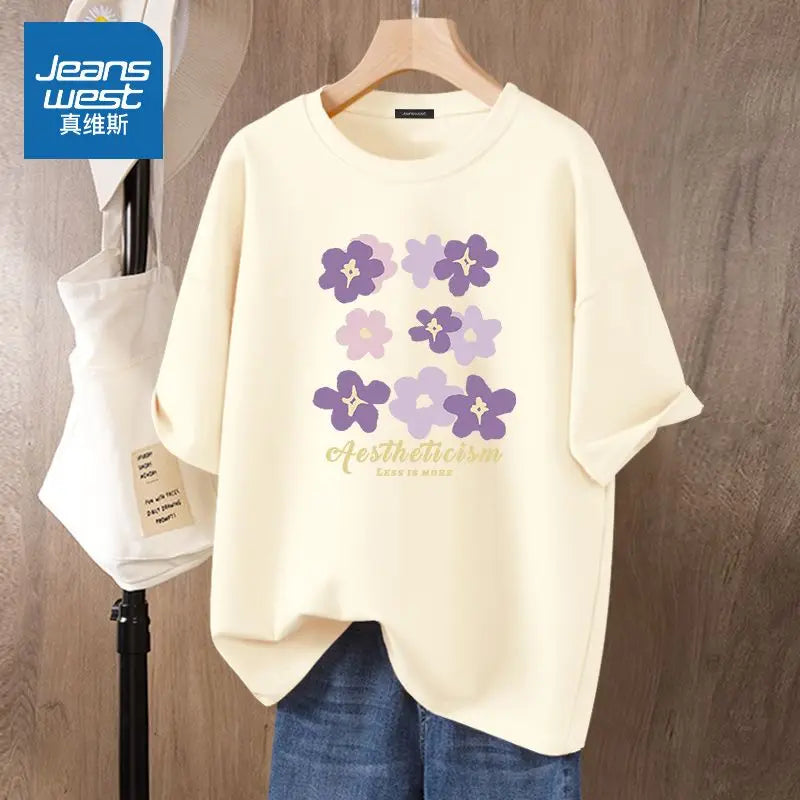 Women Basic T-shirt Cartoon Flowers Printed Loose Top Tees Summer Casual O-neck Short Sleeve Simple Pure Cotton Pullovers