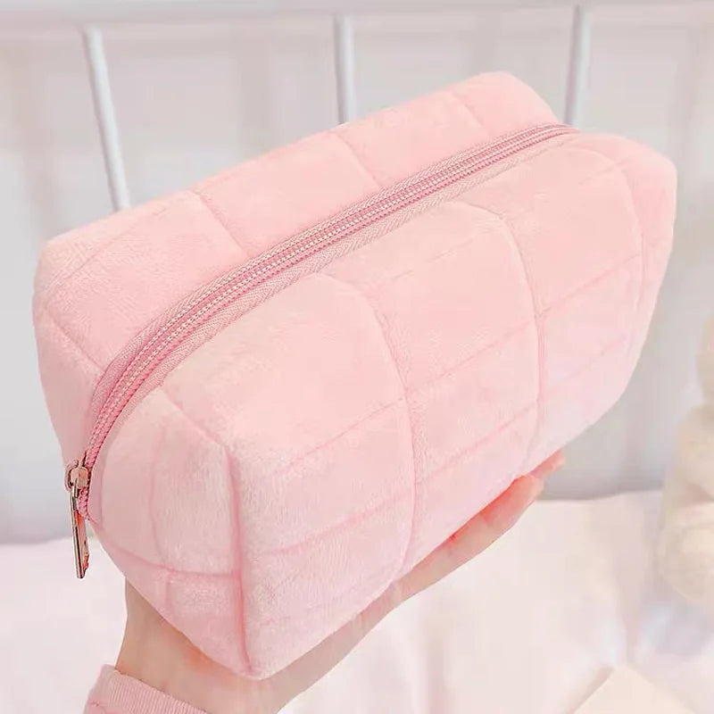 Women Zipper Fur Cosmetic Storage Bag Large Solid Makeup Organizer Handbag Stationery Pencil Case Travel Make Up Toiletry Punch