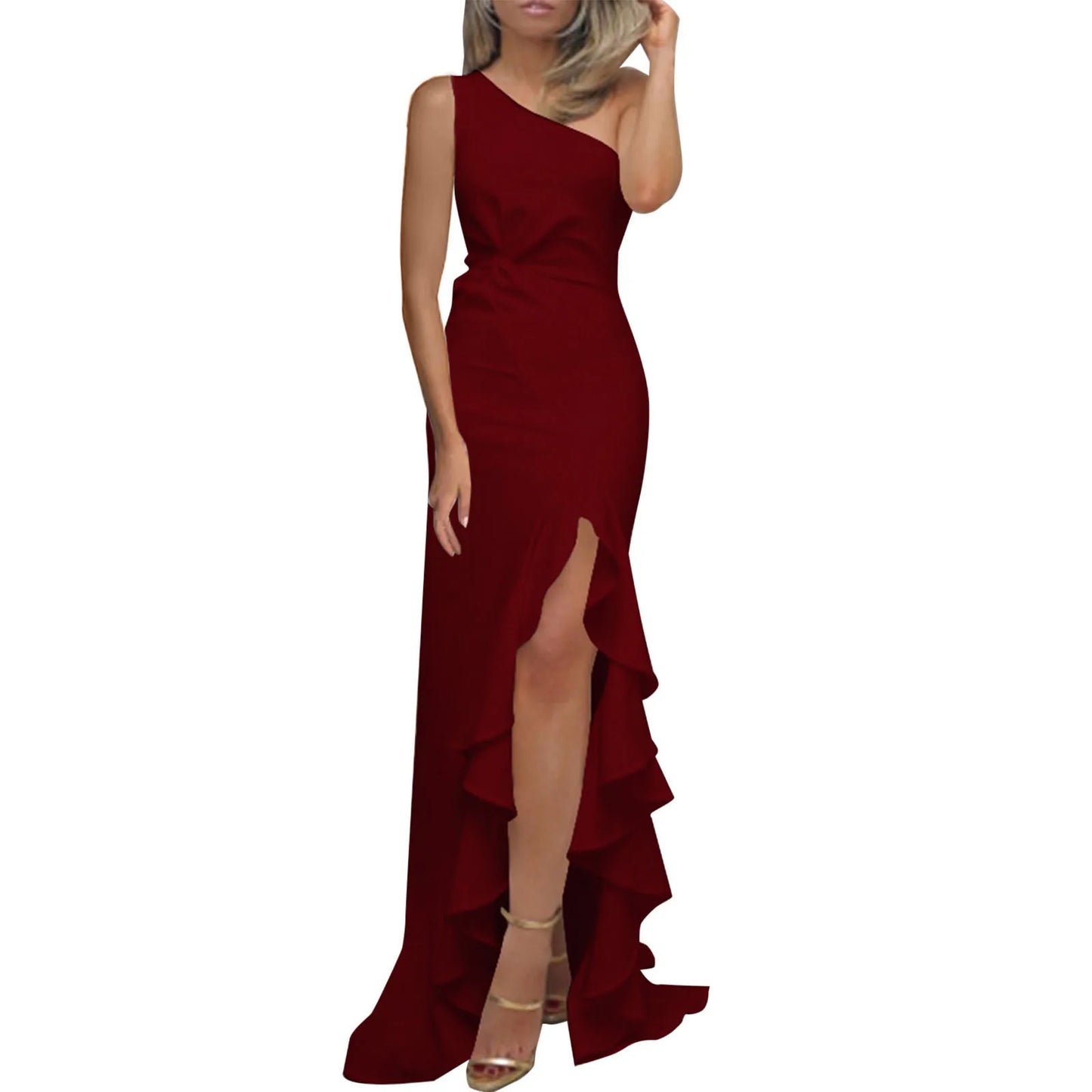 Women's One Shoulder Ruched Irregular Ruffle Solid Color High Waist Elegant Formal Evening Dress Slim Wedding Party Dresses