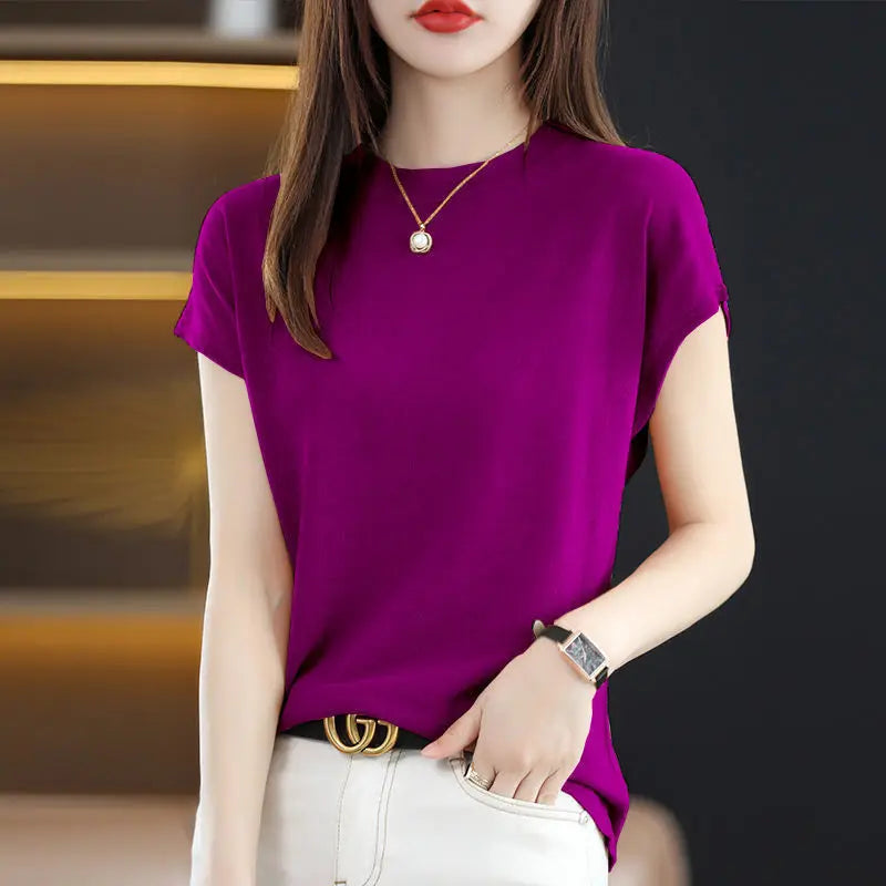 Fashion Solid Color Knitted Loose Korean T-Shirt Women's Clothing 2023 Spring New Casual Pullovers All-match Tee Shirt