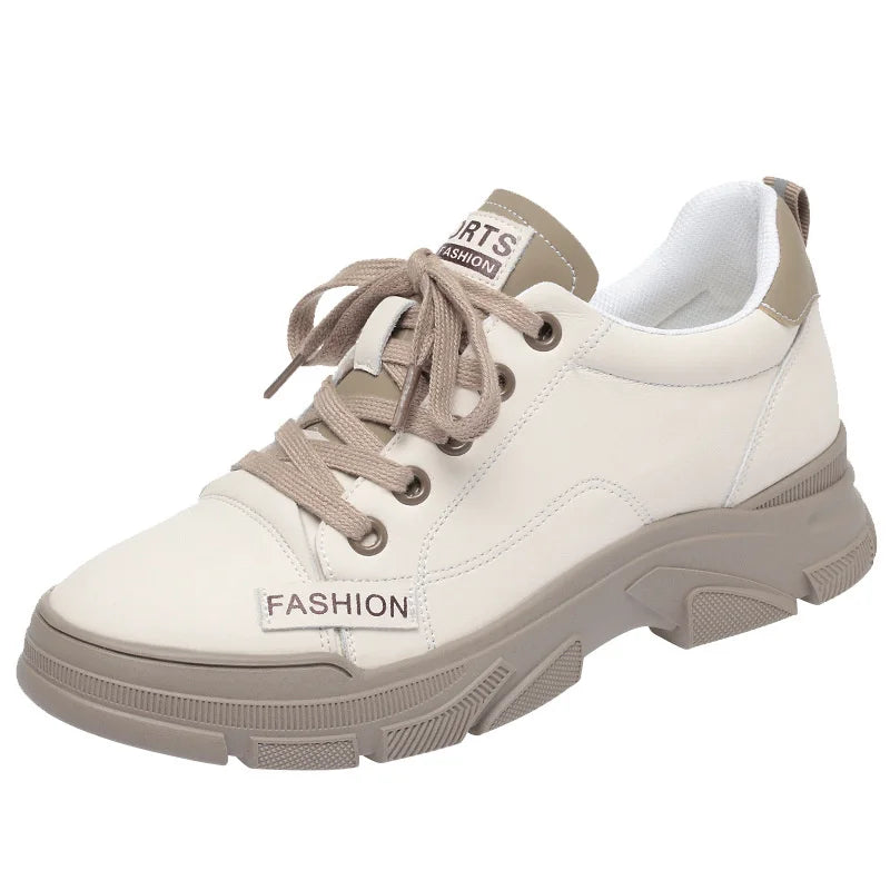 2024 Spring Non-slip Soft Leather Sneaker Trekking Footwear New Women's Thick-soled Lace-up Leisure Skateboard Sports Shoes