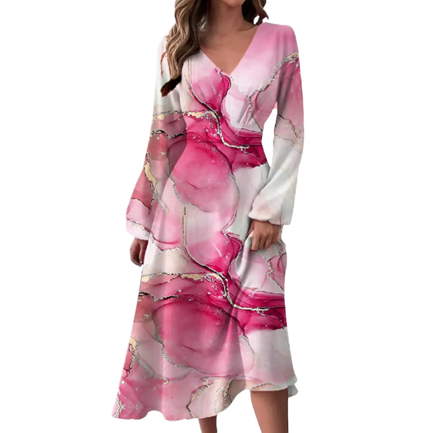 Women Print Dress Long Sleeve V Neck Casual Elegant Retro Fashion Slim Casual Ladies Spring Autumn Dresses Vestidos Clothing