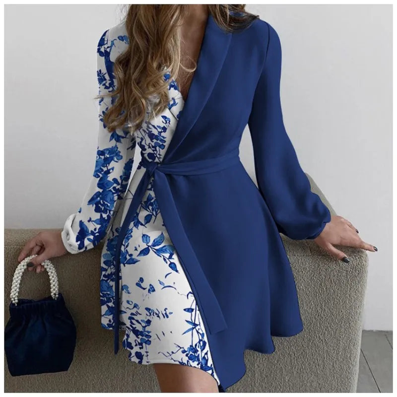 Women Summer Style One-piece Color Blocked Lace Up Dress With V-neck Long Sleeved High Waisted Lace Up Retro Floral Short Skirt