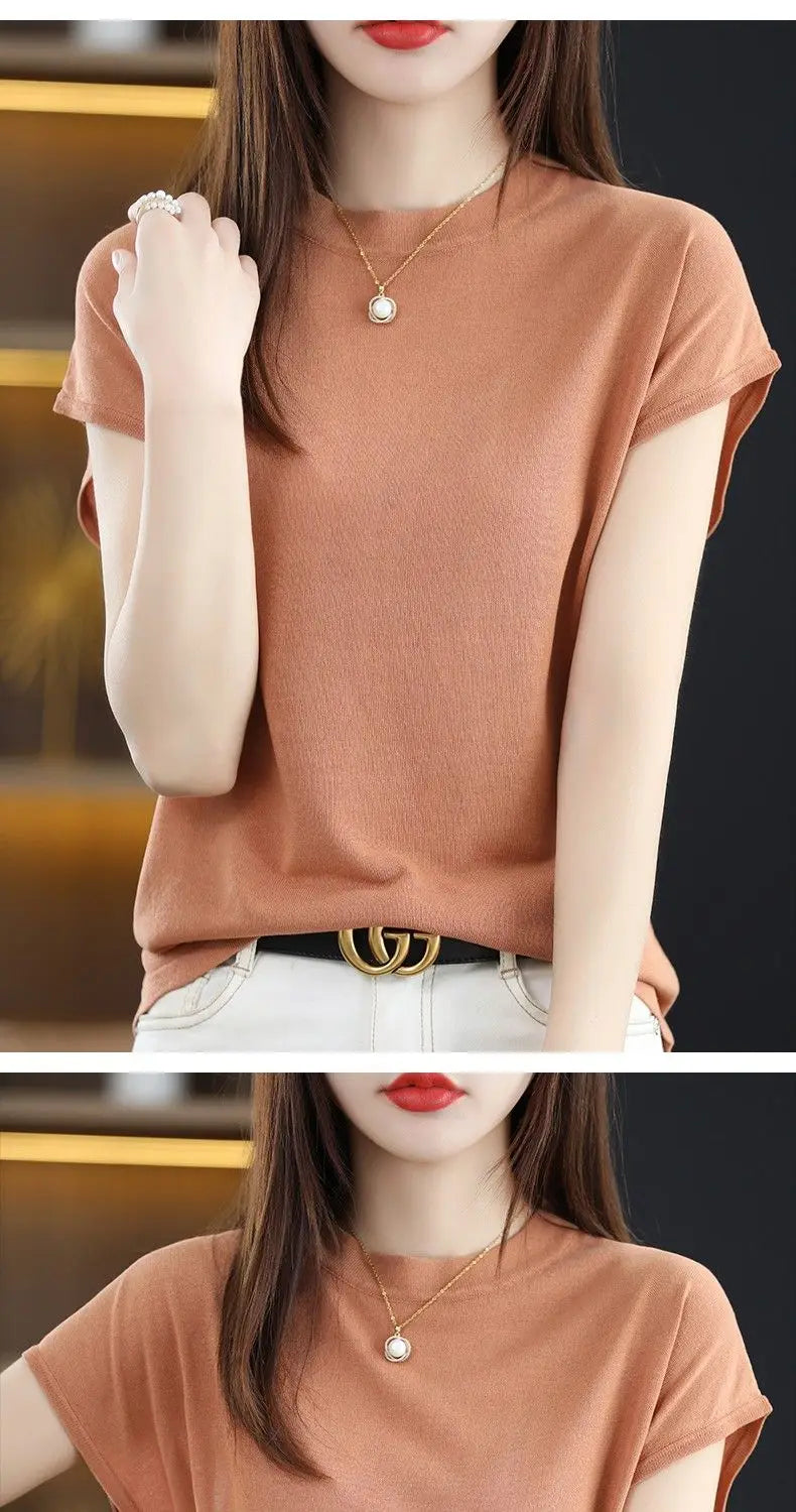 Fashion Solid Color Knitted Loose Korean T-Shirt Women's Clothing 2023 Spring New Casual Pullovers All-match Tee Shirt